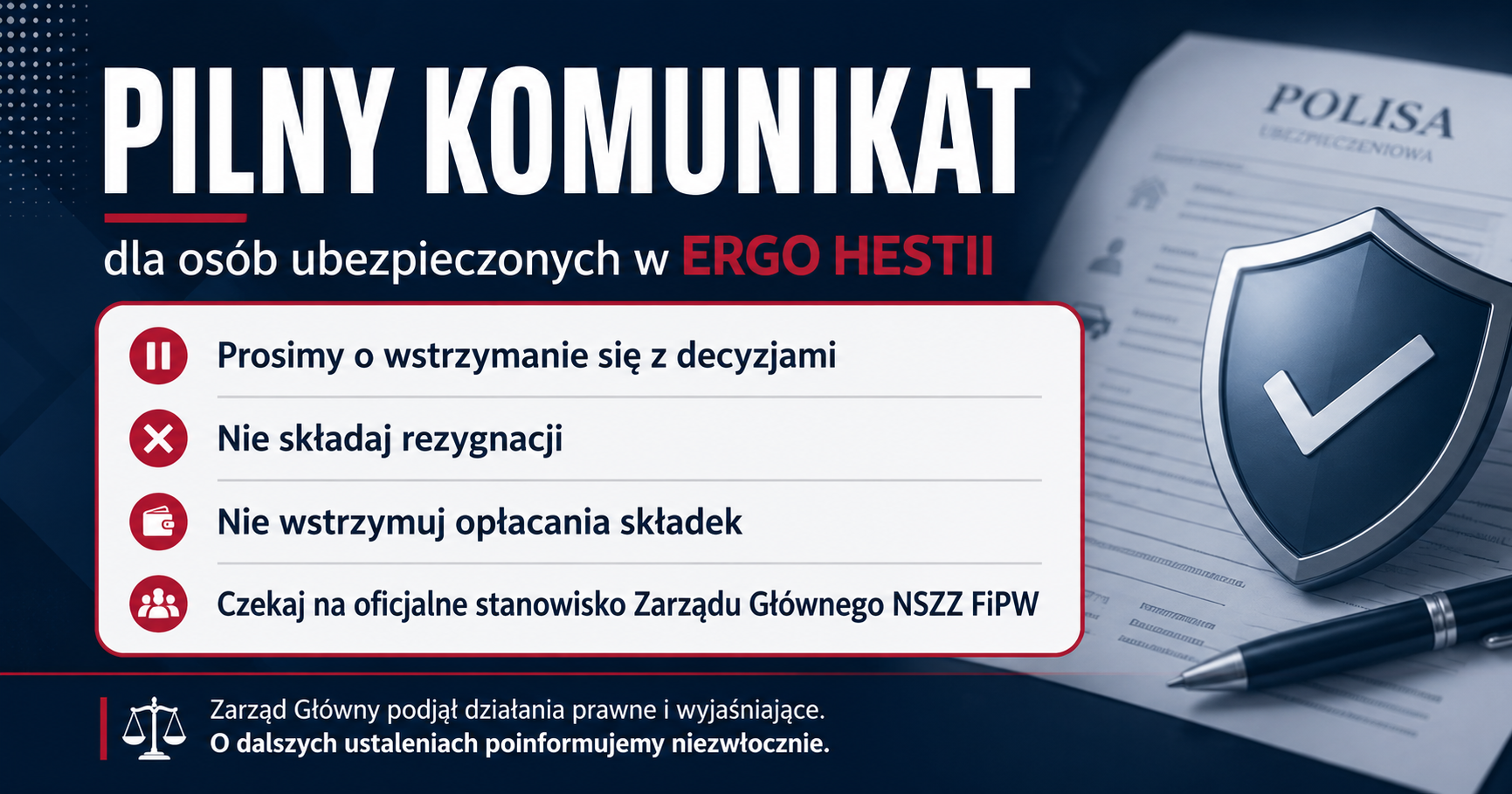PILNY KOMUNIKAT DLA OSÓB UBEZPIECZONYCH W ERGO HESTII